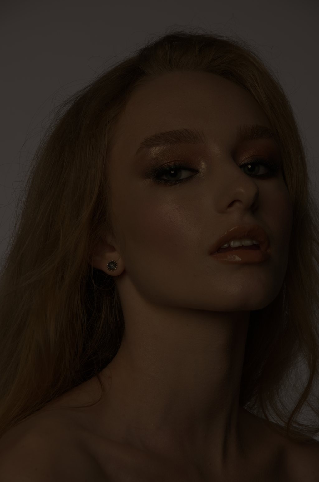 Portrait beauté en gros plan, maquillage cuivré, cheveux blond vénitien — raw file