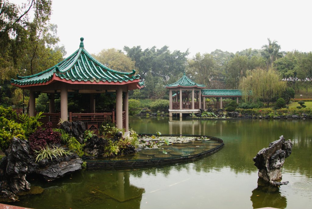 Pavillons chinois aux toits de tuiles vertes se reflétant dans un bassin de nénuphars, rocaille et arbres dans la brume — neochrome version